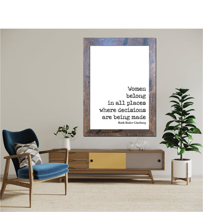 Women Belong In All Places Where Decisions Are Being Made Feminist Quotes Ruth Bader Ginsburg Quote Print RBG Wall Art Literature Unframed