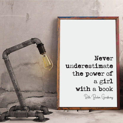 Feminist Quotes Ruth Bader Ginsburg Quote Print Never Underestimate The Power Of A Girl With A Book RBG Art Literature Unframed Monochrome