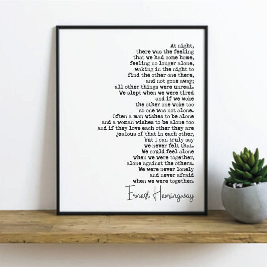 Wedding Reading Print Ernest Hemingway At Night There Was A Feeling Alone Speech Bridesmaid Groomsman Bestman Maid of Honour Gift Unframed