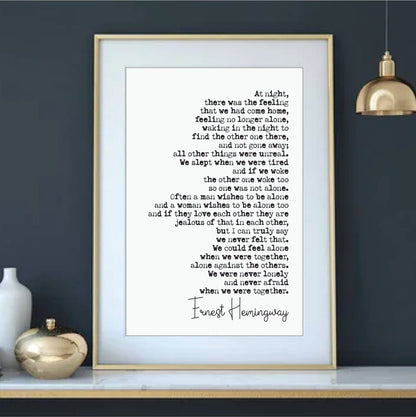 Wedding Reading Print Ernest Hemingway At Night There Was A Feeling Alone Speech Bridesmaid Groomsman Bestman Maid of Honour Gift Unframed