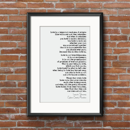 Wedding Reading Print Louis De Bernieres Love Is A Temporary Madness Speech Bridesmaid Groomsman Bestman Maid of Honour Gift Unframed