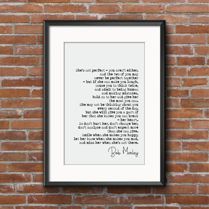 Wedding Reading Print Bob Marley Love Speech She's Not Perfect You Aren't Either Bridesmaid Groomsman Bestman Maid of Honour Gift Unframed