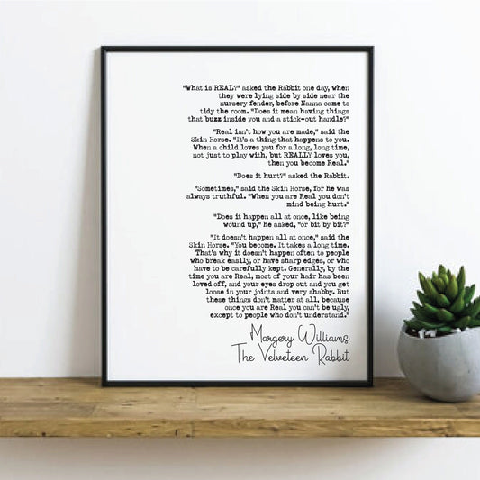 Wedding Reading Print Margery Williams The Velveteen Rabbit Quote Speech What Is Real Bridesmaid Groomsman Bestman Maid of Honour Unframed