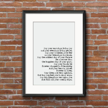 Irish Wedding Reading Print Irish Blessing Marriage Speech Bridesmaid Groomsman Bestman Maid of Honour Gift Unframed Anniversary Present Art