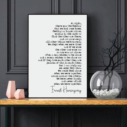 Wedding Reading Print Ernest Hemingway At Night There Was A Feeling Alone Speech Bridesmaid Groomsman Bestman Maid of Honour Gift Unframed