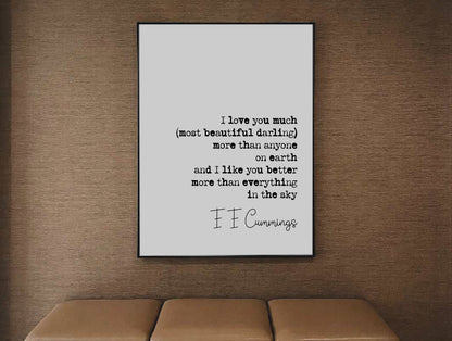 E E Cummings Romantic Quote Print I Love You Much Most Beautiful Darling More Than Anything On Earth Art Print Wall Decor Unframed Poetry