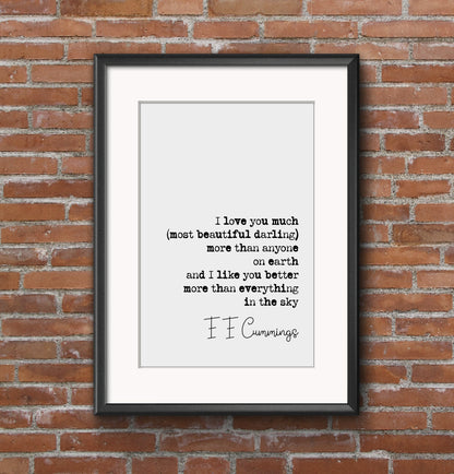 E E Cummings Romantic Quote Print I Love You Much Most Beautiful Darling More Than Anything On Earth Art Print Wall Decor Unframed Poetry