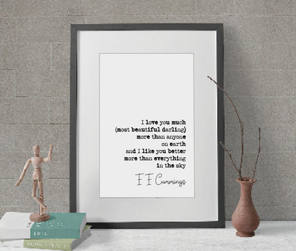 E E Cummings Romantic Quote Print I Love You Much Most Beautiful Darling More Than Anything On Earth Art Print Wall Decor Unframed Poetry