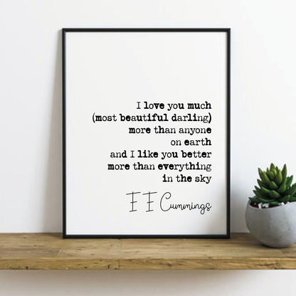 E E Cummings Romantic Quote Print I Love You Much Most Beautiful Darling More Than Anything On Earth Art Print Wall Decor Unframed Poetry