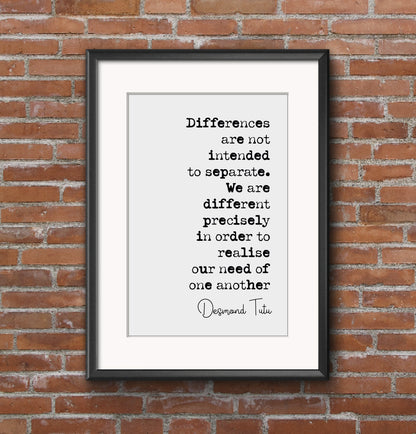 Arch Bishop Desmond Tutu Quote Print Differences Are Not Intended To Separate Minimalist Decor Wall Art Unframed Black History Civil Rights