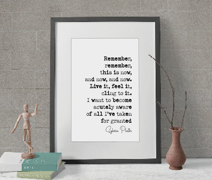 Sylvia Plath Quote Print Remember This Is Now And Now And Now Live It Feel It Cling To It Minimalist Decor Feminist Icon Wall Art Unframed