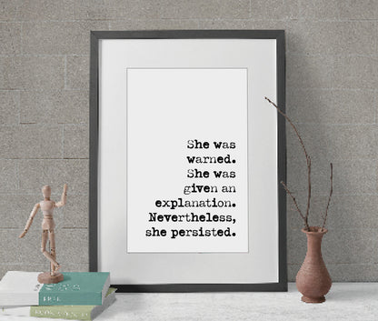 Feminist Quote Print Nevertheless She Persisted Elizabeth Warren Minimalist Home Decor Monochrome Posters Wall Art Literature Unframed Boho