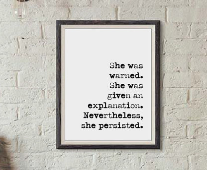 Feminist Quote Print Nevertheless She Persisted Elizabeth Warren Minimalist Home Decor Monochrome Posters Wall Art Literature Unframed Boho