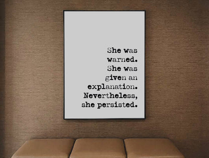 Feminist Quote Print Nevertheless She Persisted Elizabeth Warren Minimalist Home Decor Monochrome Posters Wall Art Literature Unframed Boho