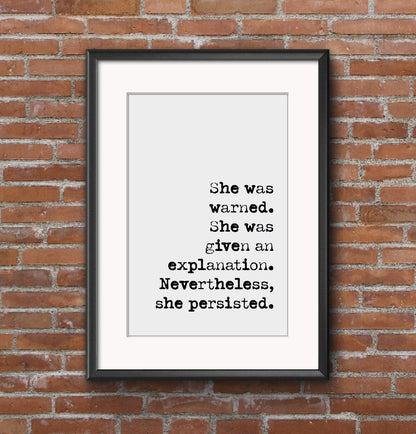 Feminist Quote Print Nevertheless She Persisted Elizabeth Warren Minimalist Home Decor Monochrome Posters Wall Art Literature Unframed Boho