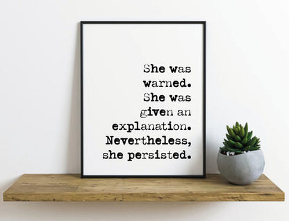 Feminist Quote Print Nevertheless She Persisted Elizabeth Warren Minimalist Home Decor Monochrome Posters Wall Art Literature Unframed Boho