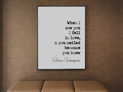 William Shakespeare Quote Print When I Saw You I Fell In Love You Smiled Minimalist Home Decor Monochrome Wall Romantic Literature Unframed