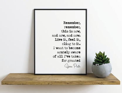 Sylvia Plath Quote Print Remember This Is Now And Now And Now Live It Feel It Cling To It Minimalist Decor Feminist Icon Wall Art Unframed