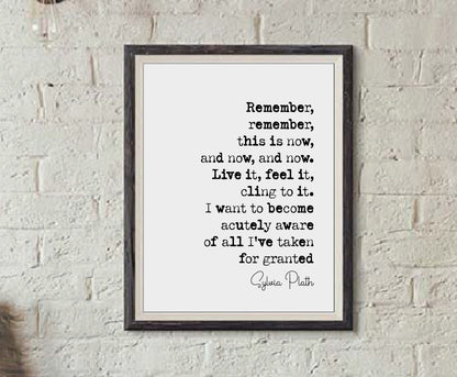 Sylvia Plath Quote Print Remember This Is Now And Now And Now Live It Feel It Cling To It Minimalist Decor Feminist Icon Wall Art Unframed