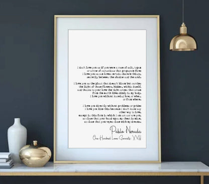 Pablo Neruda Poem Quote Print One Hundred Love Sonnets Sonnet 17 XVII Minimalist Literary Wall Decor Monochrome Romantic Wall Art Unframed