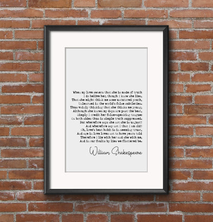 William Shakespeare Quote Print Sonnet 138 Print When My Love Swears That She Is Made Of Truth Minimalist Decor Monochrome Wall Art Unframed