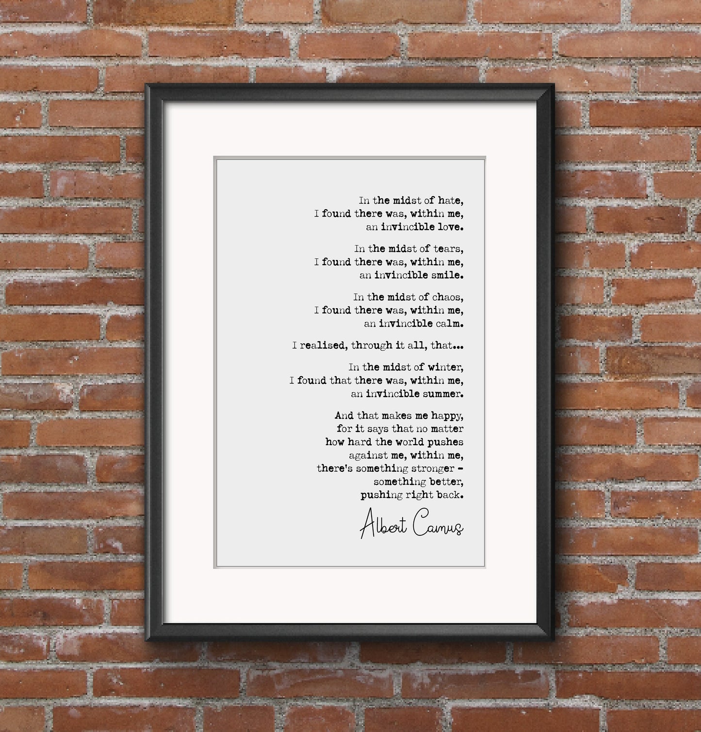 Albert Camus Quote Print In The Depth Of Winter I Learned That Within Me There Lay An Invincible Summer Monochrome Home Decor Unframed Art