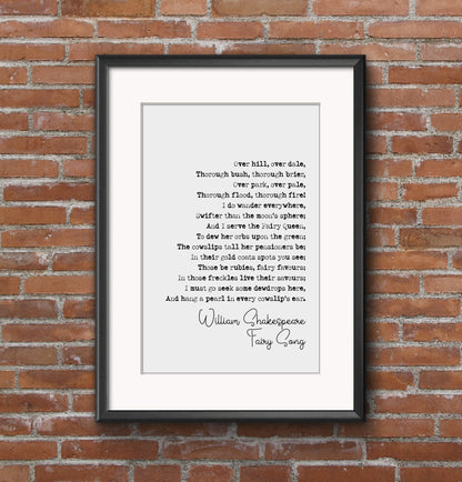 William Shakespeare Quote Print Fairy Song Poem A Midsummer Night's Dream Poetry Print Minimalist Home Decor Monochrome Wall Art Unframed