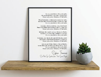 Dylan Thomas Poem Print Do Not Go Gentle Into That Good Night Poetry Print Minimalist Home Decor Monochrome Wall Art Unframed Poem Poster