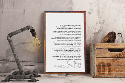 Dylan Thomas Poem Print Do Not Go Gentle Into That Good Night Poetry Print Minimalist Home Decor Monochrome Wall Art Unframed Poem Poster