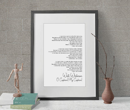 Walt Whitman Poem Print O Captain! My Captain! Poetry Quote Print Minimalist Home Decor Monochrome Wall Art Unframed Full Poem Poster Gift