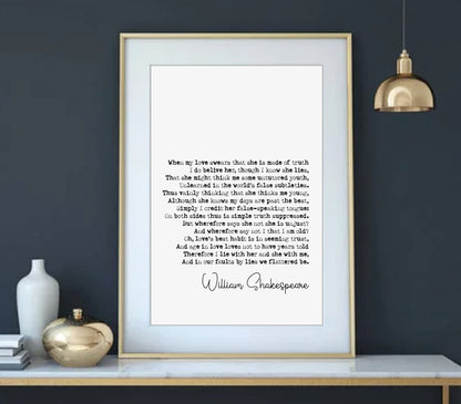 William Shakespeare Quote Print Sonnet 138 Print When My Love Swears That She Is Made Of Truth Minimalist Decor Monochrome Wall Art Unframed