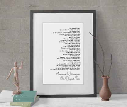 Marianne Williamson Poem Print Our Deepest Fear Poetry Quote Print Minimalist Home Decor Monochrome Posters Wall Art Unframed Literature Art