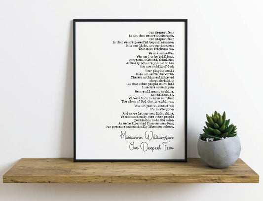 Marianne Williamson Poem Print Our Deepest Fear Poetry Quote Print Minimalist Home Decor Monochrome Posters Wall Art Unframed Literature Art