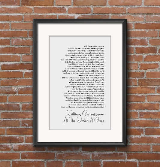 William Shakespeare Poem Print All The World's A Stage Poetry Quote Print Minimalist Literary Wall Decor Monochrome Romantic Art Unframed