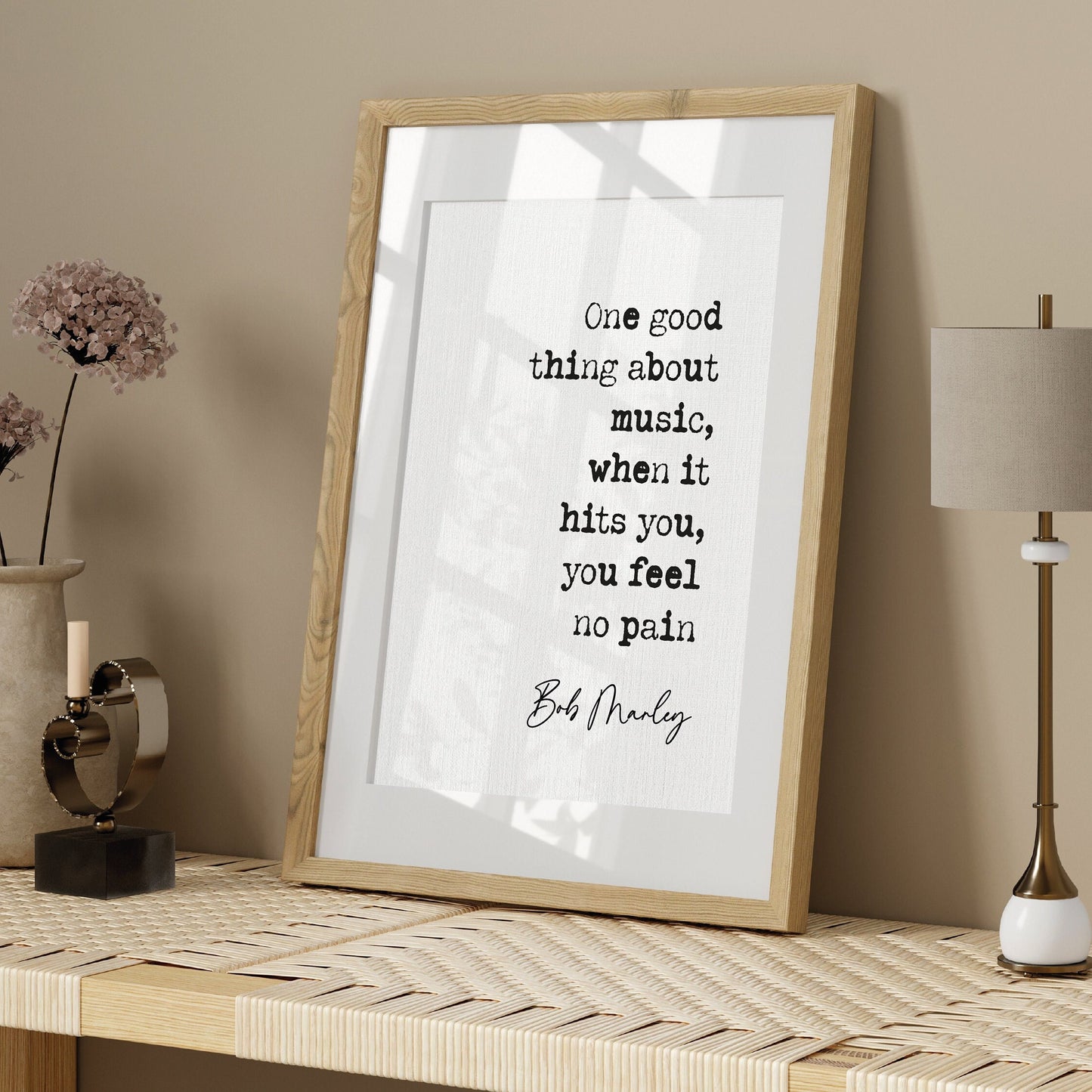 Bob Marley song lyric quote print one good thing about music, when it hits you, you feel no pain reggae music poster print Bob Marley quote print inspirational quotes minimalist home decor old typewriter quote print