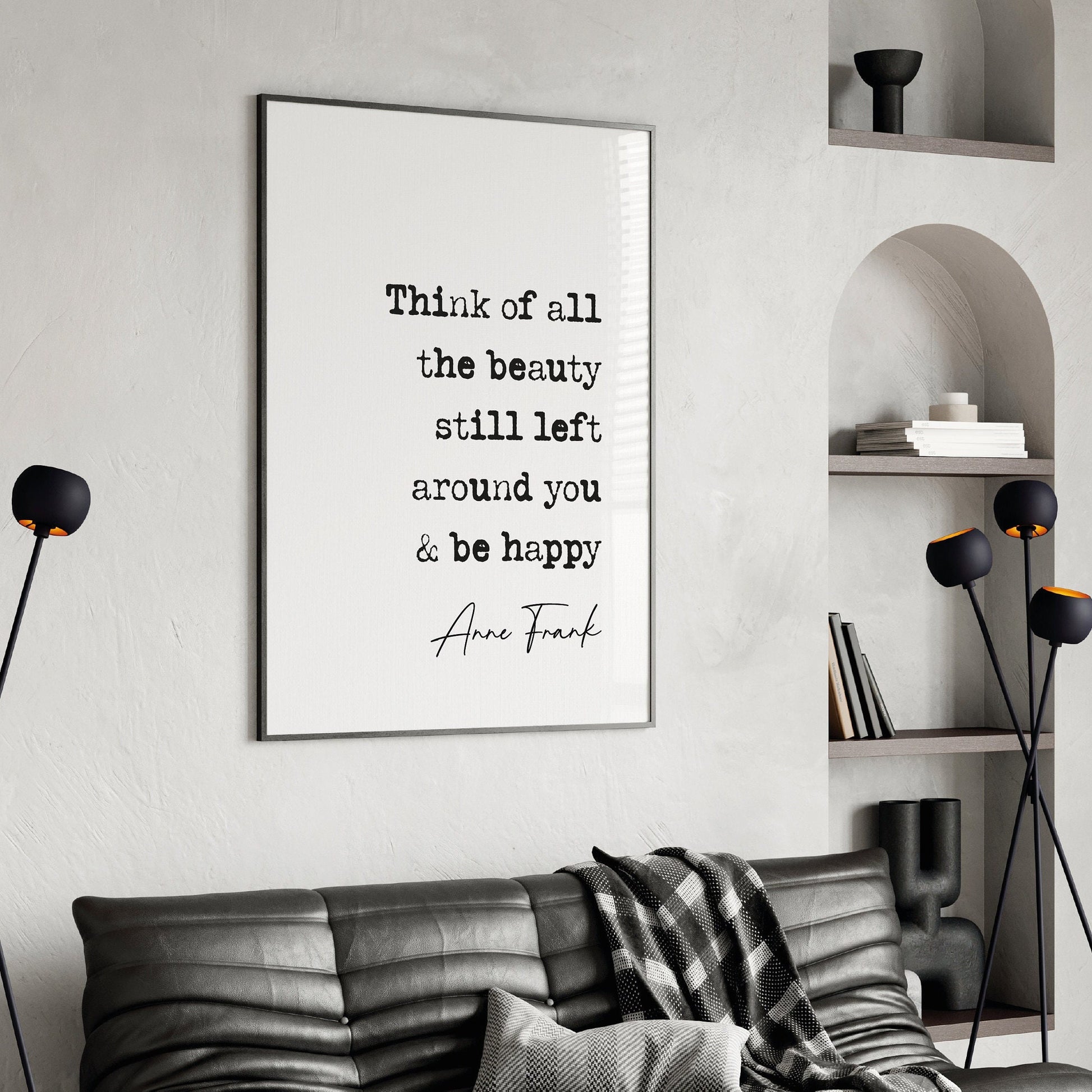 Anne Frank quote print, whoever is happy will make others happy too quote, inspirational quote poster, happiness quote, anne frank wall art, black and white décor, minimalist quote poster, bedroom wall art, hallway print