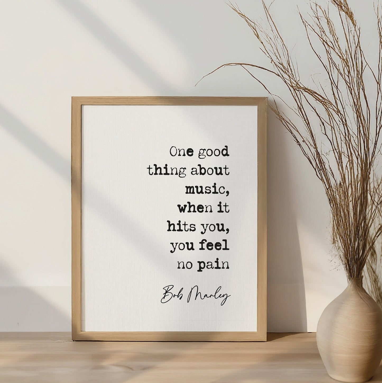 Bob Marley song lyric quote print one good thing about music, when it hits you, you feel no pain reggae music poster print Bob Marley quote print inspirational quotes minimalist home decor old typewriter quote print