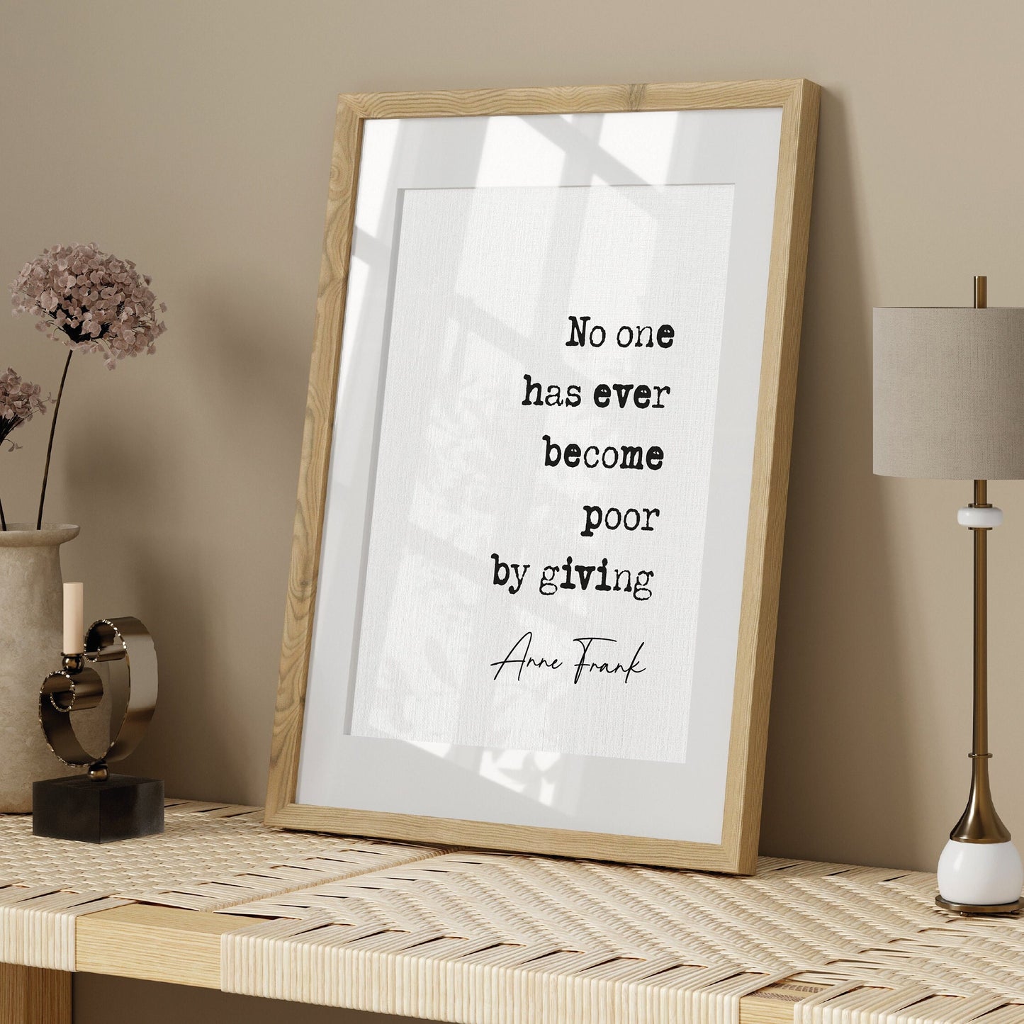 Anne Frank quote print, no one has ever become poor by giving quote, inspirational quote poster, happiness quote, anne frank wall art, black and white décor, minimalist quote poster, bedroom wall art, hallway print