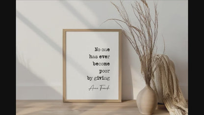 Anne Frank Quote Print No One Has Ever Become Poor By Giving Inspirational Quote Poster Minimalist Home Decor Quotes About Life Unframed